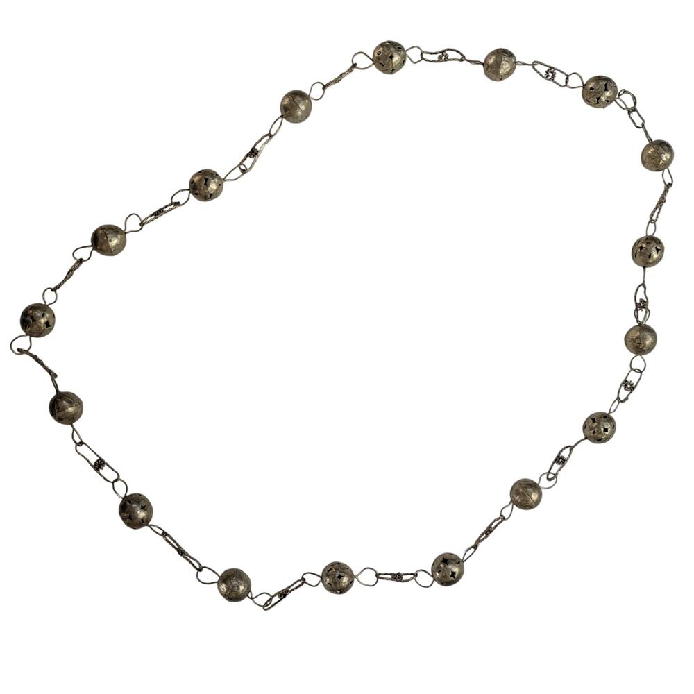 Vintage Silver Tone Necklace with Hollow Beads and Floral Links, 34 Inch Jewelry